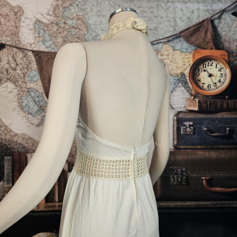Vintage 1970s Dress Maxi Floor Length Cream Colored Crochet Neckline Inserts - Picture 9 of 15